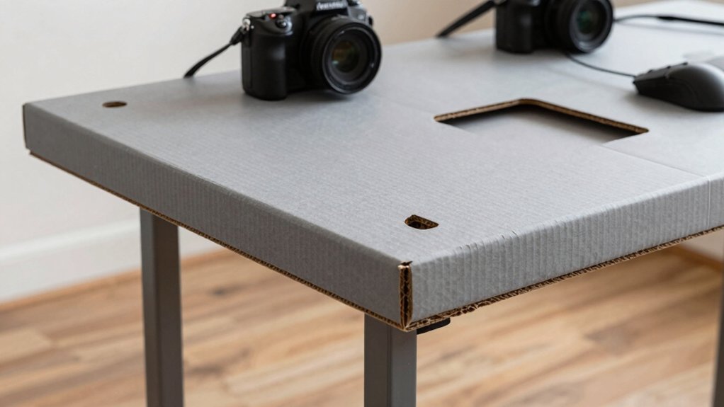 cardboard desk built from five boxes