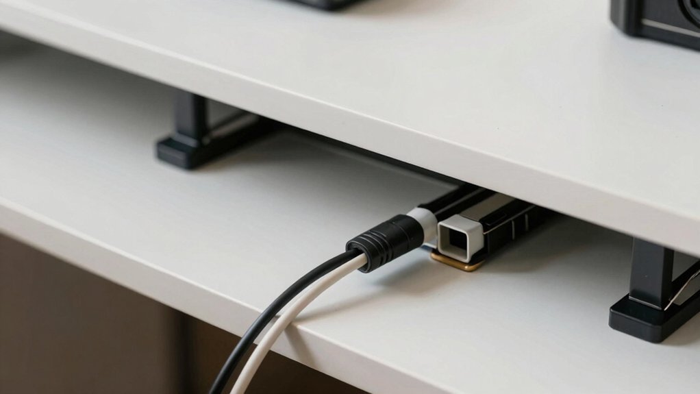 grommets route cables invisibly beneath desk