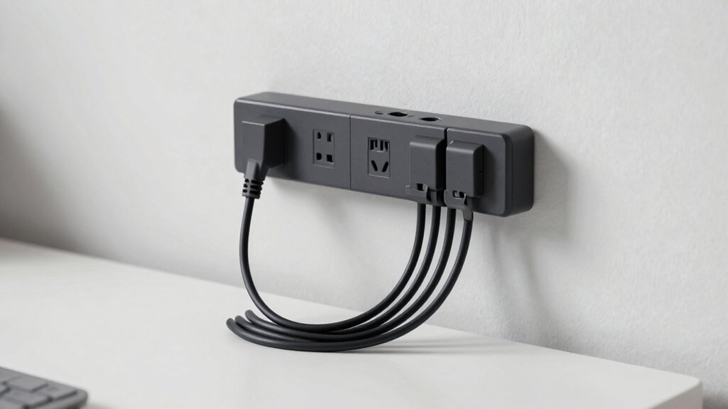 mount hooks above power strip tension free cord routing